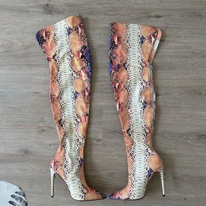 Multicolor Faux Snakeskin Thigh-High Boots